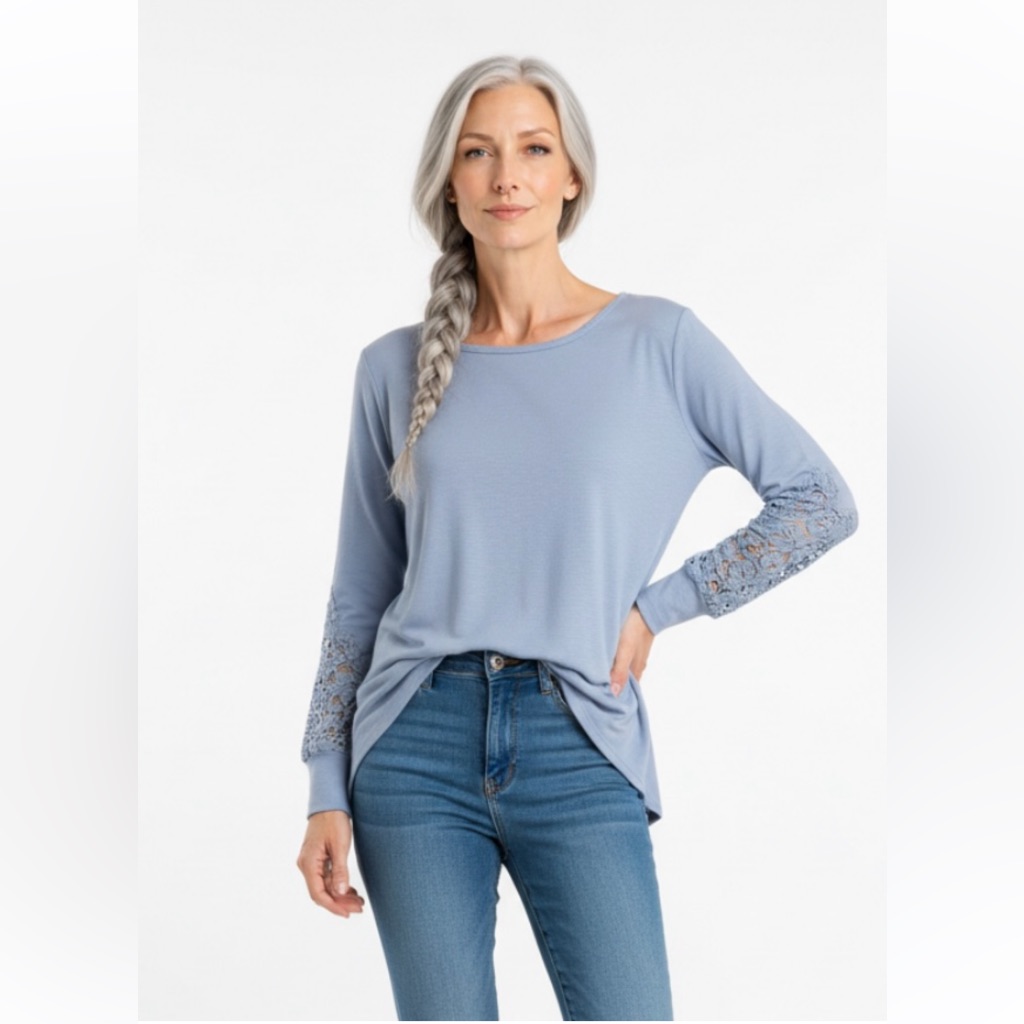 Soft Surroundings Blouse Top Lace Blue Boho Tee Asymetrical Bell Small
